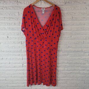 Monroe Main Womens Dress 1X Plus Short Sleeve Red Blue Polka Dot GEO156E
